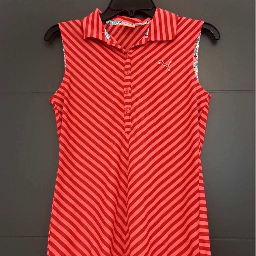 Puma Womens XS Red Pink Striped Sleeveless Golf Polo Shirt Dry Cell